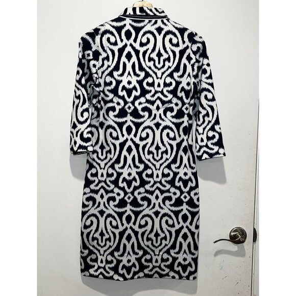 Gretchen Scott Blue & White Ikat Print Dress 3/4 Sleeves & Stand Collar Women's - Picture 5 of 9